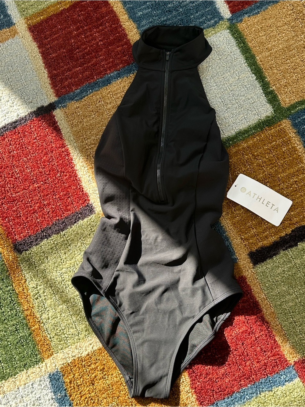 NWT scuba style, high neck, black front zip low back one piece swimsuit